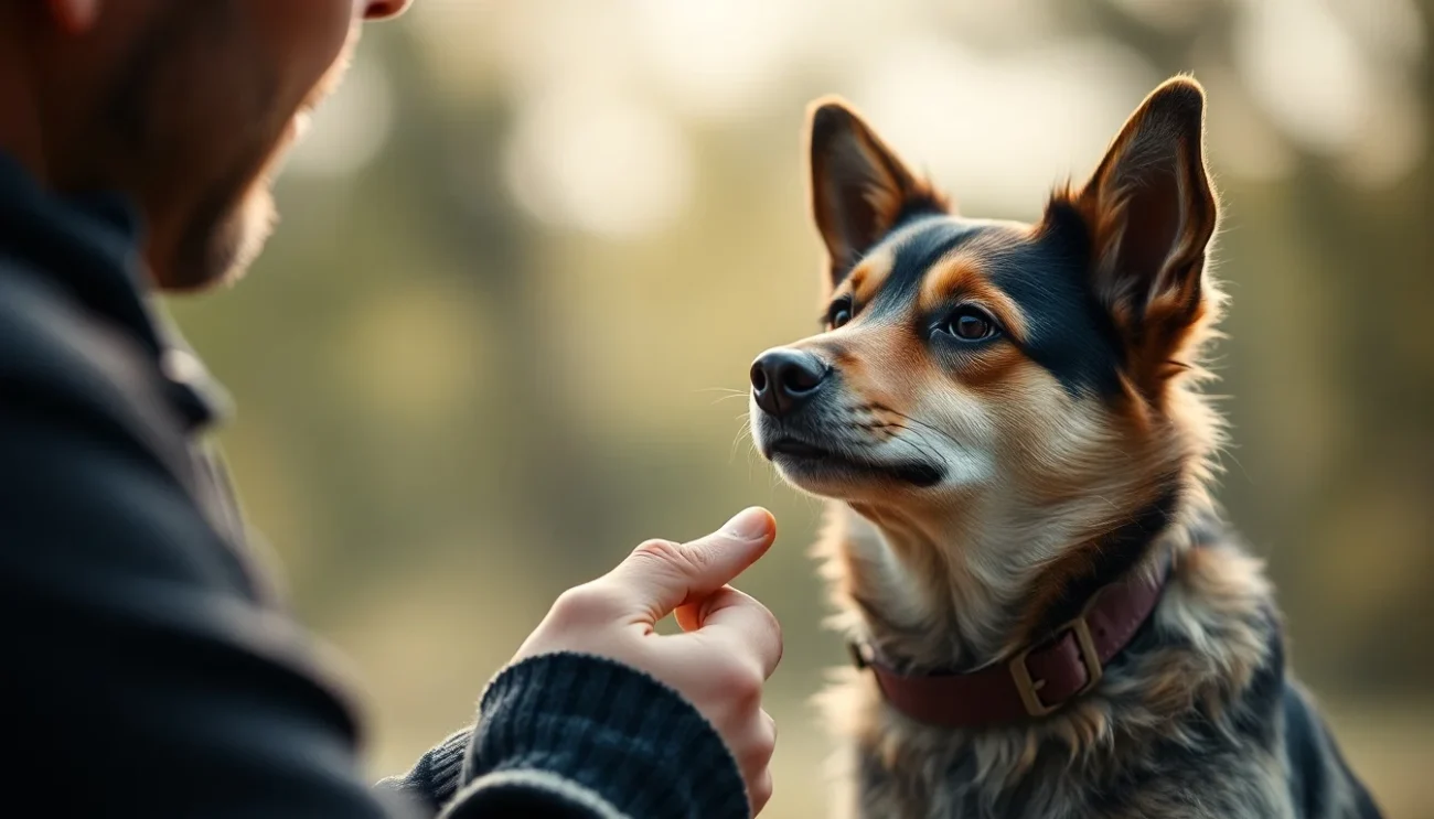 Fotografia de alta qualidade de um cachorro olhando atentamente para seu dono, que segura um petisco na mão. O fundo deve ser desfocado e a imagem deve transmitir uma sensação de conexão e foco entre o cão e seu dono.