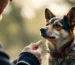 Fotografia de alta qualidade de um cachorro olhando atentamente para seu dono, que segura um petisco na mão. O fundo deve ser desfocado e a imagem deve transmitir uma sensação de conexão e foco entre o cão e seu dono.