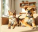 Fotografia de alta qualidade de um gato e um cachorro relaxando juntos em uma sala de estar aconchegante e iluminada pelo sol. O ambiente deve parecer seguro e confortável, com brinquedos e acessórios para pets visíveis. A imagem deve transmitir uma sensação de paz, tranquilidade e bem-estar.