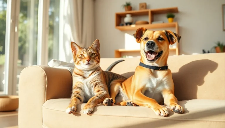 Fotografia de alta qualidade de um gato e um cachorro relaxando juntos em uma sala de estar aconchegante e iluminada pelo sol. O ambiente deve parecer seguro e confortável, com brinquedos e acessórios para pets visíveis. A imagem deve transmitir uma sensação de paz, tranquilidade e bem-estar.