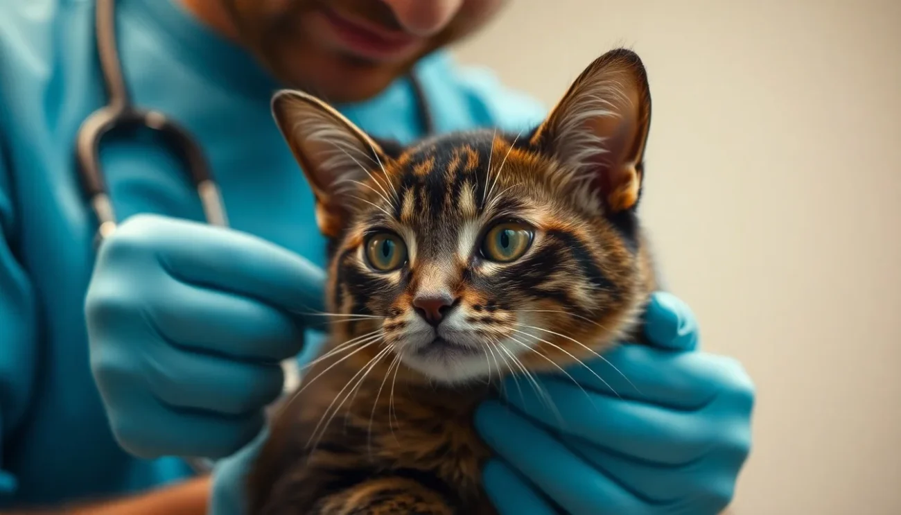 Close-up de um veterinário examinando um cachorro ou gato com carinho e atenção. O foco deve estar na interação cuidadosa entre o profissional e o animal.